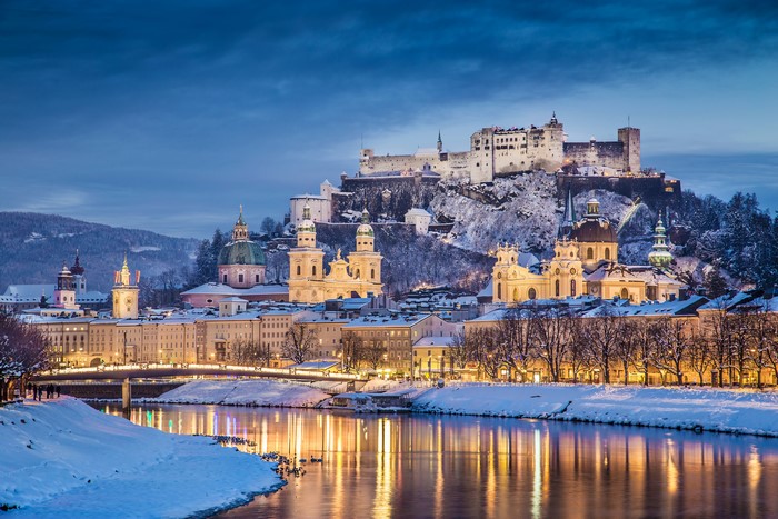 Salzburg Castle and Old Town in Winter at Night