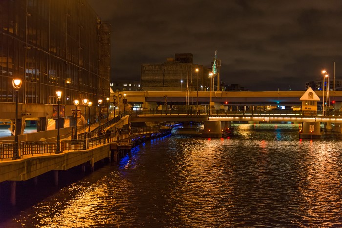Milwaukee River at Night with Bridges and Street Lights