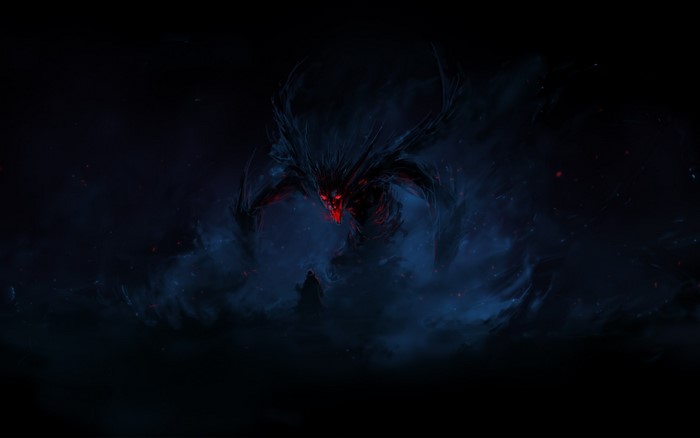 A monstrous creature with glowing red eyes confronts a cloaked figure.