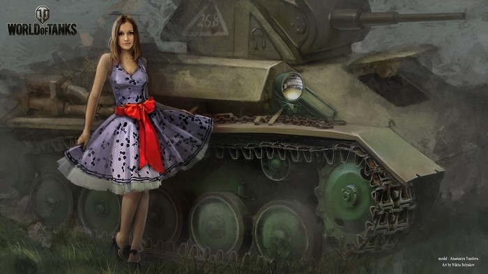 World of Tanks painting featuring a woman and a tank