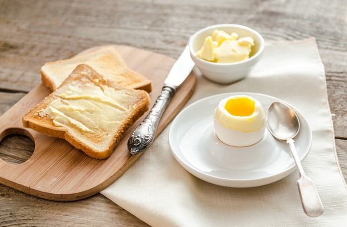 Soft-boiled egg with toast and butter