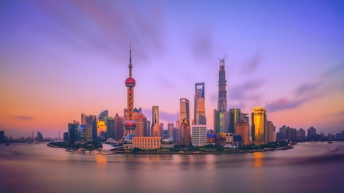 Shanghai skyline with Oriental Pearl Tower at sunset