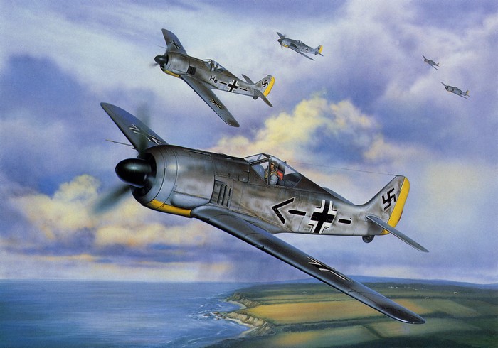 Fw 190 German Fighter Planes Over Coastline