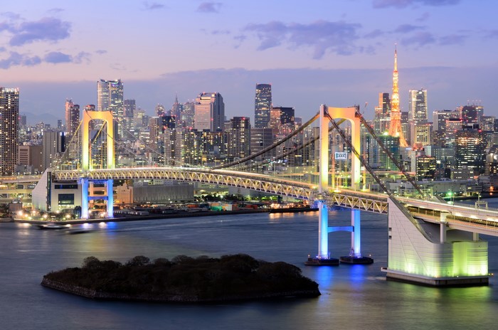 Rainbow Bridge and Tokyo skyline at dusk
