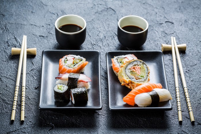 Sushi with chopsticks and soy sauce