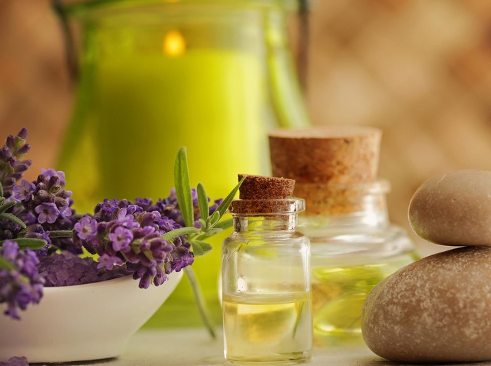Lavender spa products with essential oil and candle