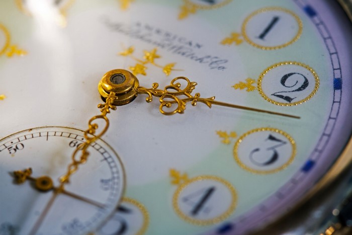 Close-up of an antique American pocket watch face