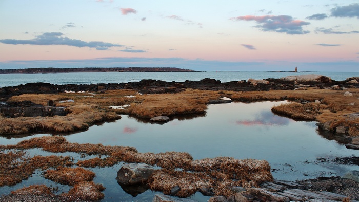 Coastal landscape with tide pools and lighthouse