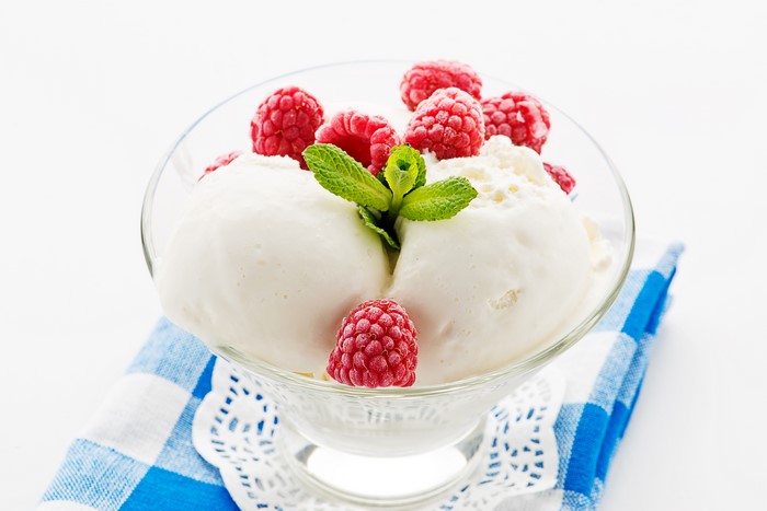 Ice cream with raspberries and mint