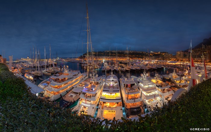 Yachts docked at Port Hercules, Monaco at night
