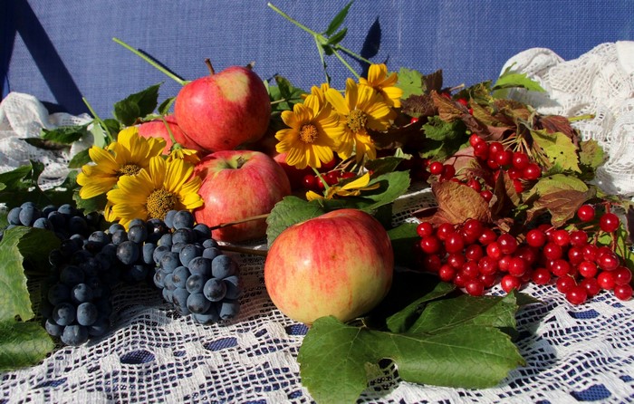 Apples, Grapes, Viburnum, and Yellow Flowers Still Life