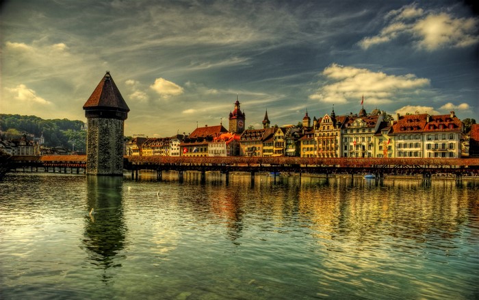Chapel Bridge and Water Tower in Luzern, Switzerland