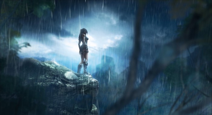 Lara Croft from Tomb Raider in the rain