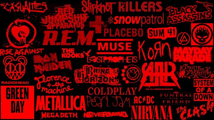 Collage of Red Rock Music Band Logos on Black Background