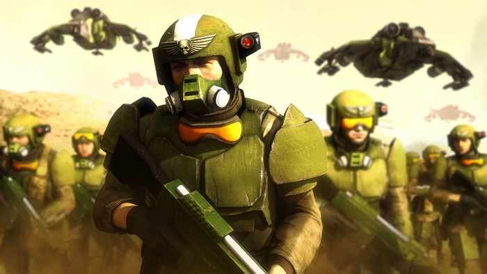 Warhammer 40000 soldiers in armor with helmets