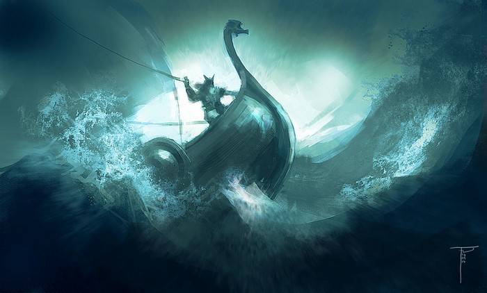 Viking ship sailing through rough seas