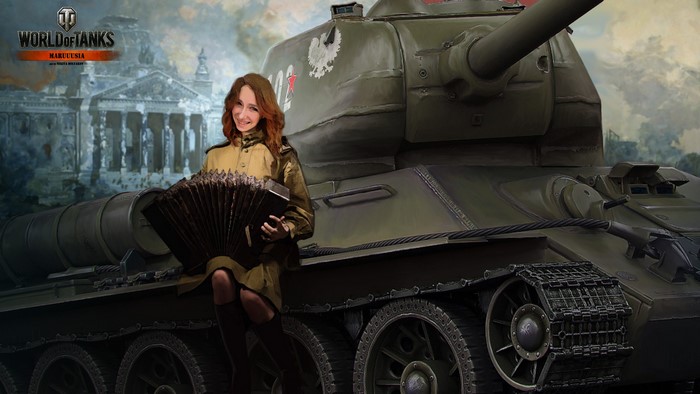 T-34-85 Tank with Woman in Uniform Playing Accordion