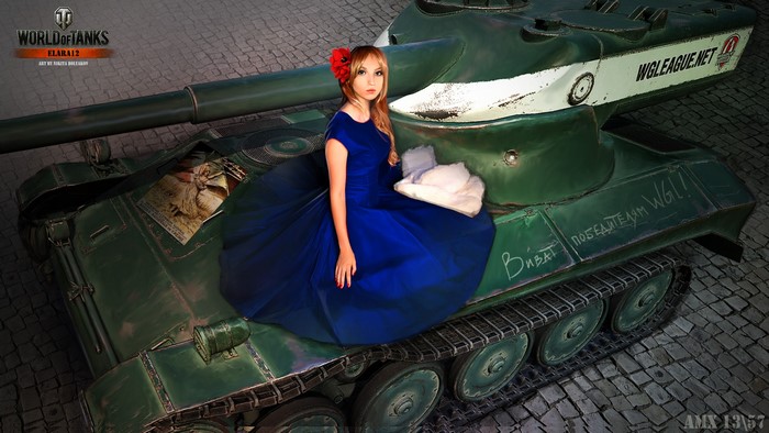 Woman in blue dress on World of Tanks AMX 13 57 tank
