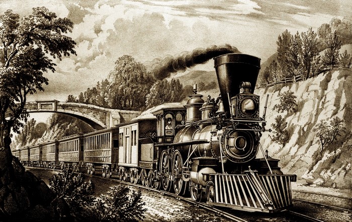 Vintage Steam Locomotive Pulling Train Across Bridge