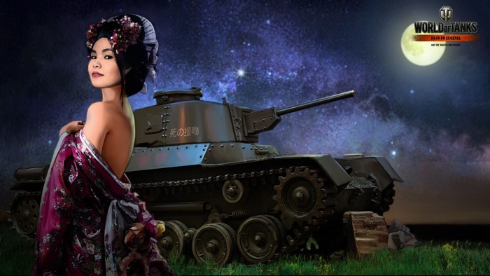 World of Tanks painting of a woman in a kimono and a tank