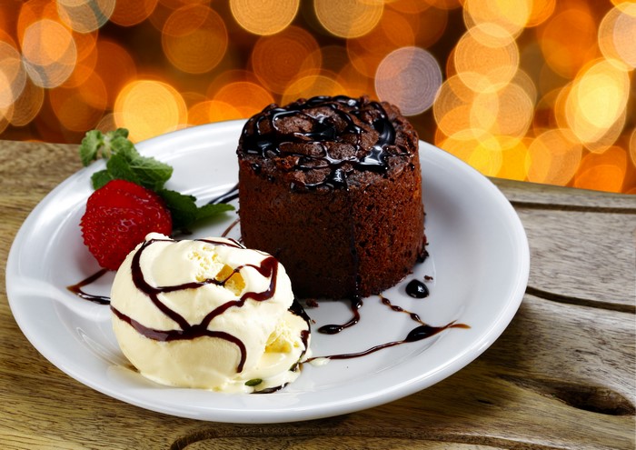 Chocolate cake with ice cream and strawberry