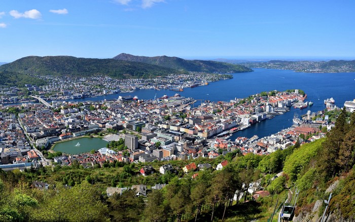 Bergen, Norway from above with fjord and mountains