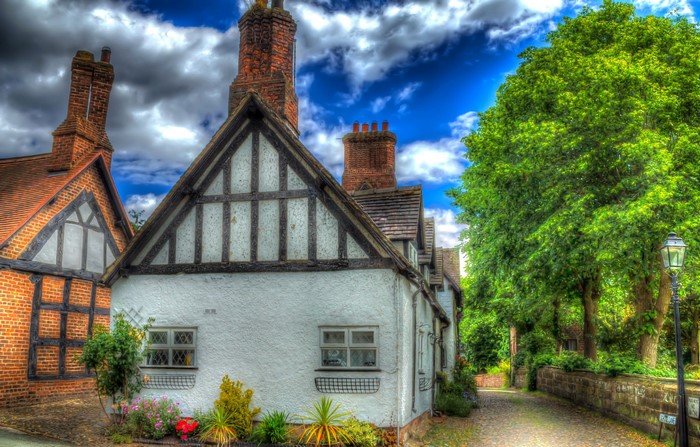 Tudor-style houses and trees in Little Budworth, England