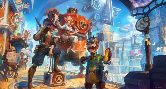Steampunk characters in a city with a robot