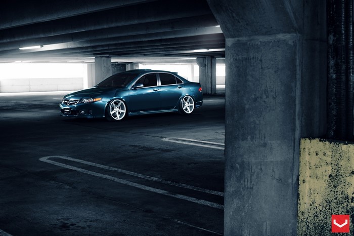 Teal Acura TSX on Vossen Wheels in Parking Garage
