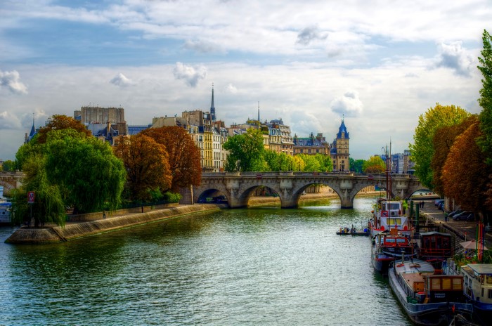 Parisian River Scene with Bridge and Boats