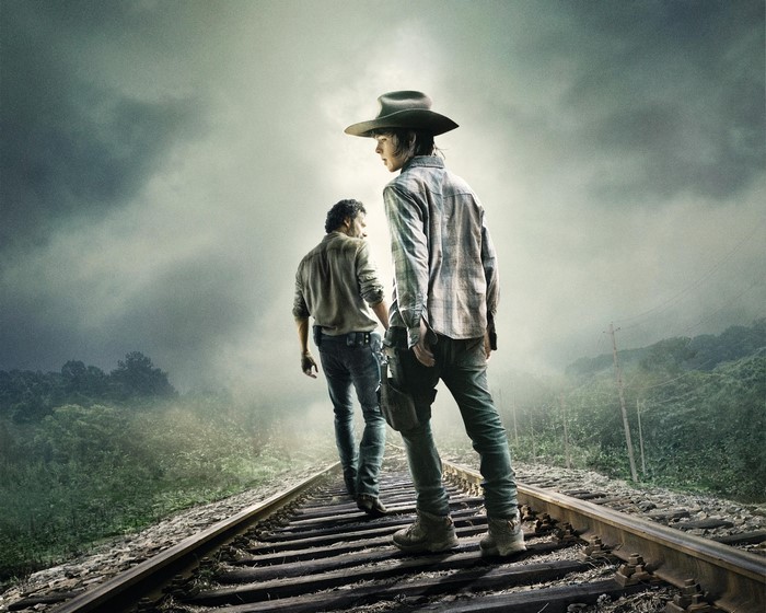 Rick and Carl Grimes from The Walking Dead on Railroad Tracks