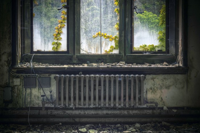 Abandoned room with old window and radiator