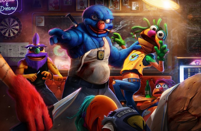 Grover and other Muppets in a bar fight
