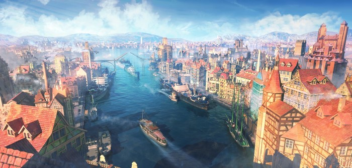 Panoramic view of a bustling port city with ships and buildings