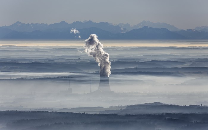 Isar Nuclear Power Plant smoke and fog over mountains