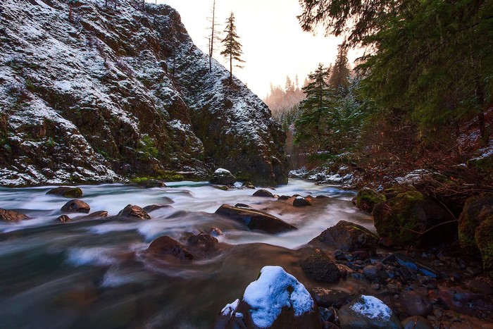 River flowing through a snowy gorge with trees
