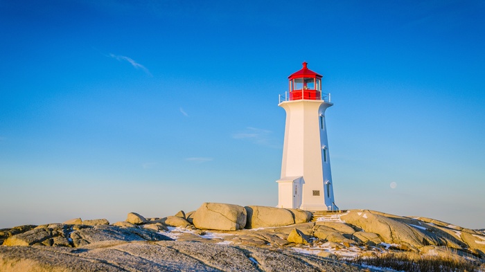 Peggy's Cove Lighthouse under a clear blue sky