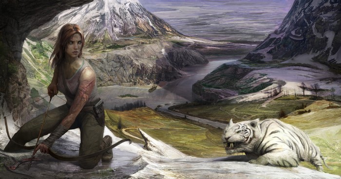 Lara Croft from Tomb Raider with a white tiger