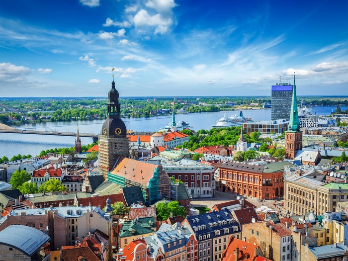 4K Riga Latvia Cityscape with River and Churches