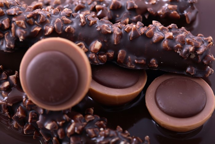 Chocolate candies with nuts and caramel