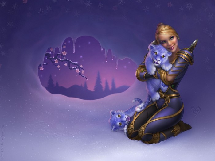 Woman in armor holding blue lion cubs in snow