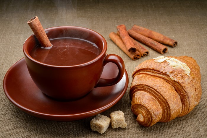 Hot chocolate with cinnamon and croissant