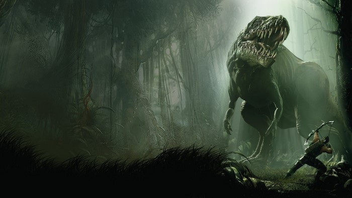 Turok Archer Facing Roaring Dinosaur in Dark Forest