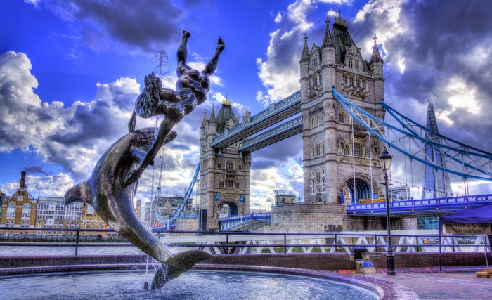 Fountain statue with Tower Bridge in London