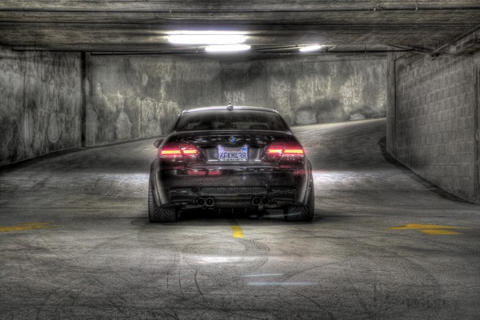 BMW M3 E92 in parking garage, back view