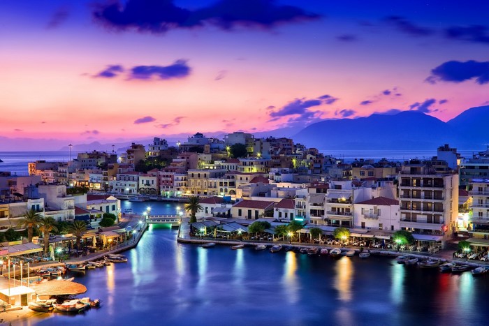 Agios Nikolaos harbor at sunset, Mirabello, Greece