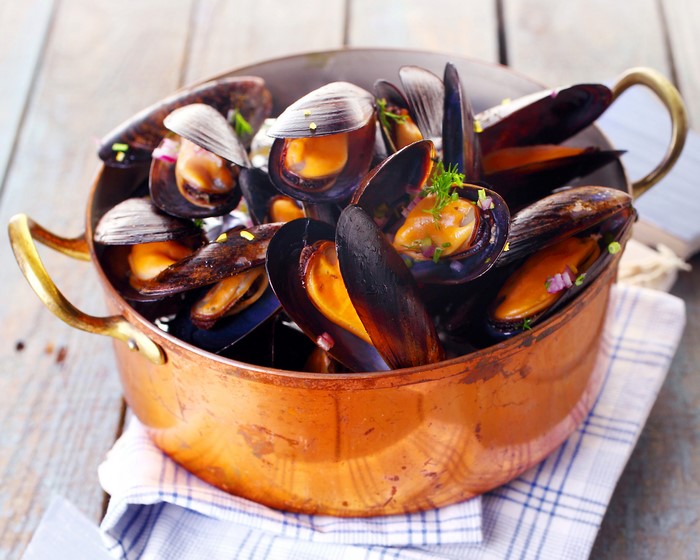 Steamed Mussels in a Copper Pot