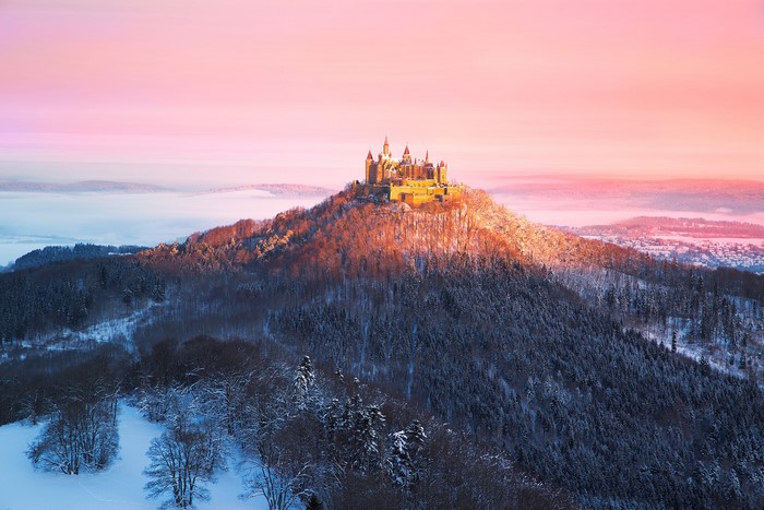 Hohenzollern Castle in Germany during winter sunset