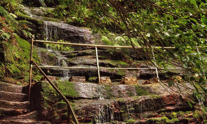 Waterfalls and mossy stairs at Wentworth Falls, Australia