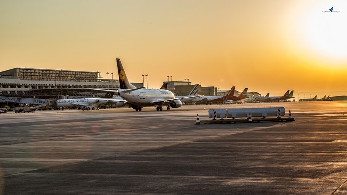 Airplanes at Stuttgart Airport during sunset